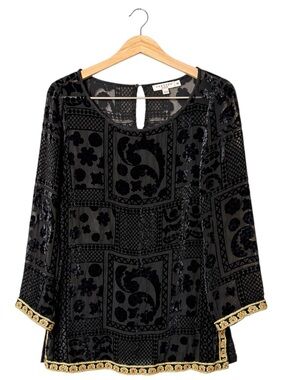 Calypso‎ St Barth Black Velvet Burnout Top Size M Gold Trim Mature Event Party
